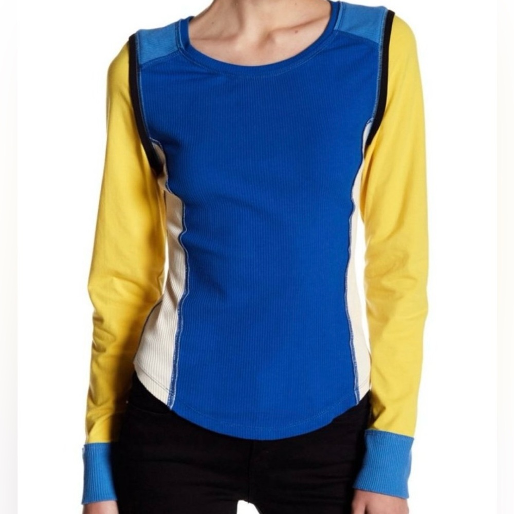 WE THE FREE Free People Colorblock Blue yellow White Ribbed Shirt Top Size L